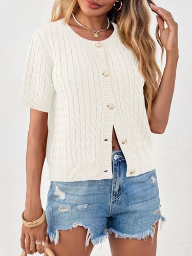 Saodimallsu Womens Summer Short Sleeve Cardigans Cable Knit Cropped Button Down Crewneck Lightweight Sweater Tops4
