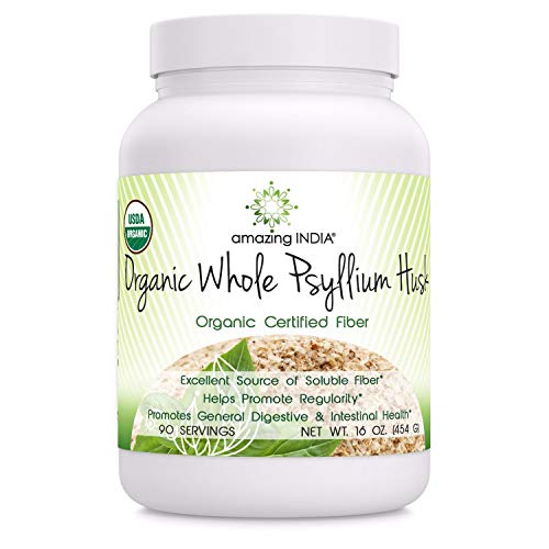 Amazing India USDA Certified Organic Whole Psyllium husk 16 oz Raw, Kosher, NON GMO, Vegan Powder