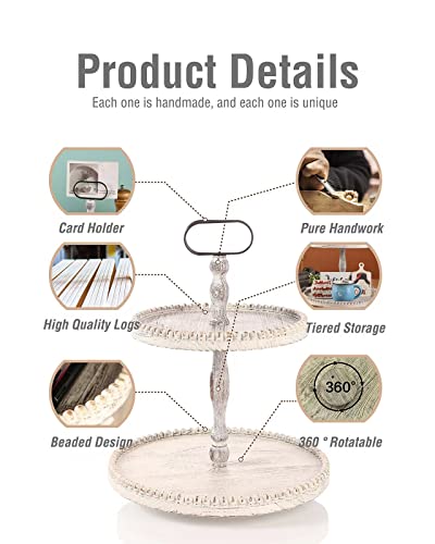 2 Tier Spinning Lazy Susan, Vintage Rotating Wood Spice Rack Pallet, Rustic Farmhouse White Beaded Wooden Round Serving Tier Tray Stand For Holidays Coffee Bar Home Party Seasonal Decorations #TOP2