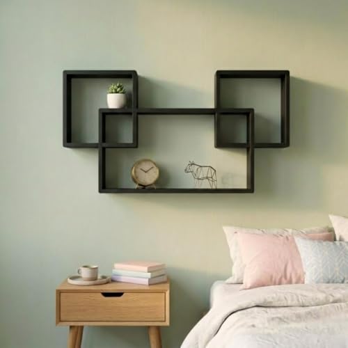 Image of Modern Geometric Floating Wall Shelf - Wall Mounted Decorative Display Shelves for Living Room, Bedroom & Office | Wooden Wall Shelf for Home Decor, Books, Plants & Showpieces (Black)