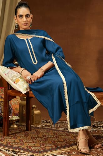 Image of Janasya Women's Chanderi Silk Yoke Design Straight Kurta Set