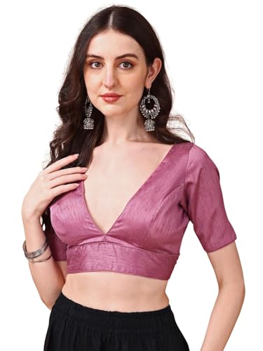 Image of Womanista Women's Dupion Silk Half Sleeve Solid V Neck Readymade Saree Blouse Stylish