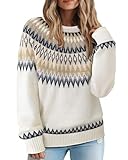 Messic Crochet Sweaters for Women: Fair Isle Sweater Women Long Sleeve Ugly Christmas Sweaters Plus Size Fall Clothes Oversized Crew Neck Sweatshirts Lightweight Loose Fit Color Block Sweater White XL