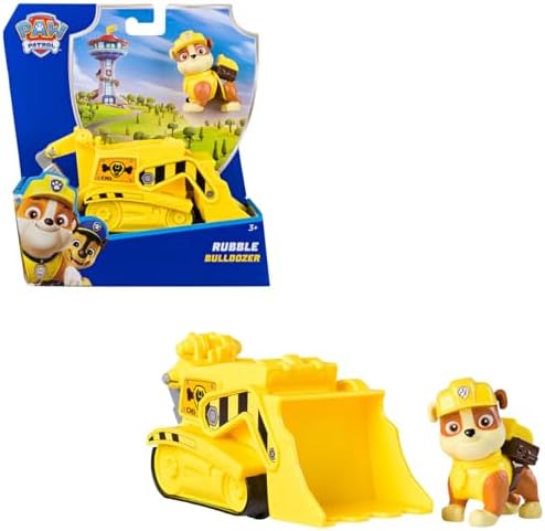 PAW PATROL Rubble-Figur mit Bulldozer-Baufahrzeug, ab 3 Jahren | Mit Rubble-Figur | Bulldozer mit beweglichen Rädern | Kompatibel mit PAW Patrol Spielsets | Figurgröße 7 cm
