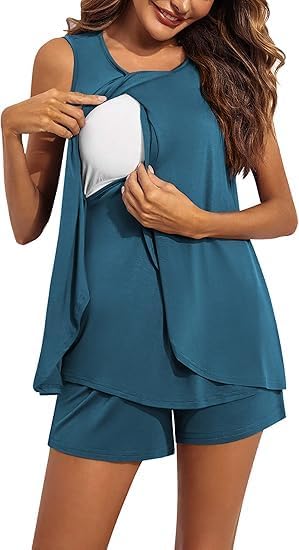 ELESOL Women Maternity Nursing Pajama Set Breastfeeding Sleepwear Double Layer Sleeveless Top & Shorts Pregnancy
