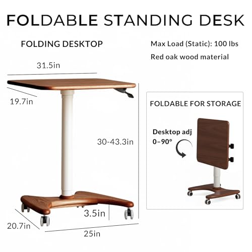 Image of 31.5in Mobile Standing Desk, 30-43.3in Rolling Desk Adjustable Height, Folding & Tilting One-Piece Desktop (0-90), Wheels, Home Offices, Apartments, Bed & Sofa, Walnut Color