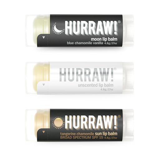 Hurraw! Moon Night Treatment, Unscented, Sun (Zinc Oxide SPF15) Lip Balms, 3 Pack Bundle: Organic, Certified Vegan, Cruelty & Gluten Free. Non-GMO, All Natural. Bee, Shea, Soy & Palm Free. Made in USA