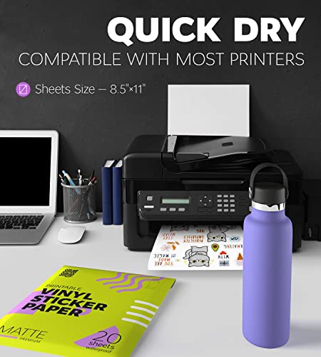 Premium Printable Vinyl Sticker Paper for Inkjet Printer and Laser - 20 White Matte Sticker Paper Waterproof - Durability Adhesive Paper 8.5 x 11, Fast Dry, Holds Ink Well, Great for Cutting Machines - Image 4