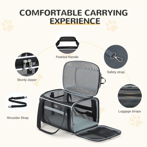 Image of Lekereise Top-Expandable Pet Carrier Full Mesh 17x11x9.5 Inch Airline Approved Soft Sided Underseat Travel Carriers for Small Cats and Dogs with Locking Safety Zippers