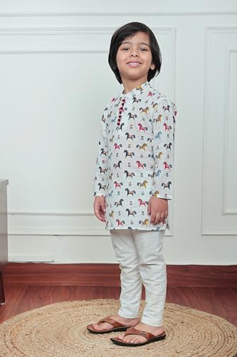 Image of POLKA TOTS Boys Cotton Ethnic Kurta Pajama Set with Attached Koti | Ethnic Motif Wear Kids Kurta Pyjama for Boys & Toddlers | Traditional Dress for Weddings & Festivals | Festive Jubba Set for Babies