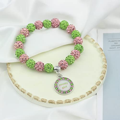 Scwasen Greek Sorority Paraphernalia Bracelet Gifts Pink and Green Sorority Jewelry Rhinestone Brooch Necklace Sisterhood Gift for Women Soror2