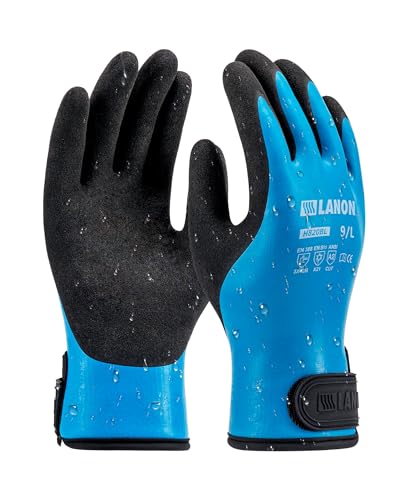 LANON Gants de Travail Hiver pour Hommes et Femmes, Double Revêtement en Caoutchouc, Thermiques, Imperméables, Antidérapants, Bleu, Taille L