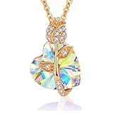 Austrian Crystal Heart Rose Flower Pendant Necklaces for Women Fashion 14K Gold Plated Dainty Necklace Hypoallergenic Jewelry (Aurora Borealis)
