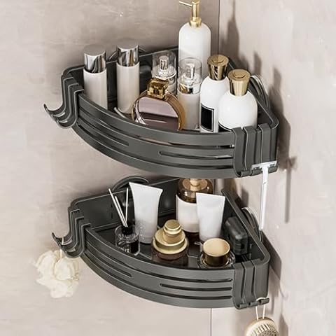 Conworld Corner Shower Caddy Suction Cups, Corner Shower Shelf for Inside Shower, Shower Wall Organizer for Bathrooms Storage, No-Drilling Removable (Aluminum, 2-Pack, Gunmetal Gray) Cover