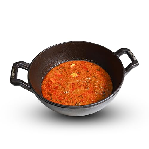 Image of EARTHFIT Cast Iron Kadai 10 Inches with Twin Handles | Durable Iron Kadhai for Cooking and Deep Frying | Pre-Seasoned Kadai Cast Iron for Healthy Cooking