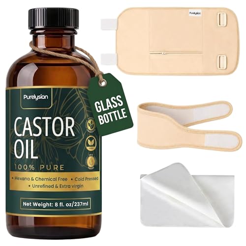 Purelysian Castor Oil Pack Wrap Kit with Castor Oil in Glass Bottle 8 Fl Oz
