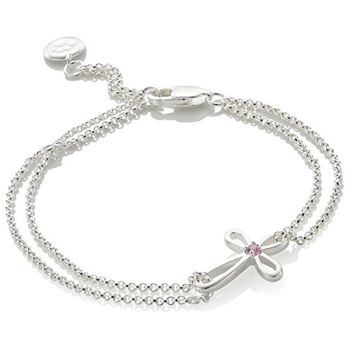 Molly Brown London Pulsera Cherish de plata de ley para niña, para primera comunión o bautizo, diseño de cruz con zafiro rosa