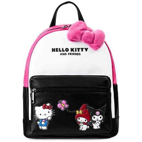 Hello Kitty Sanrio Backpack for Teens, Women, Kawaii Faux Leather Daypack, Rucksack, Kuromi, My Melody, Gifts for Women (Pink/Black Hello Kitty)