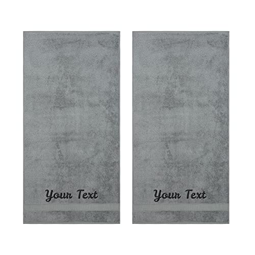 Personalized Towels, Hotel & Spa Quality, Super Soft, Highly Absorbent, 100% Turkish Genuine Cotton Monogrammed 2 Piece Bath Towel Set for Bathroom, Spa, Gym, Shower, Pool, College Dorm, Grey