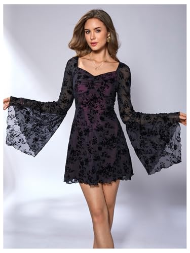 Image of WDIRARA Women's Floral Jacquard Mesh Gothic Dress Bell Long Sleeve A Line Vintage Dresses
