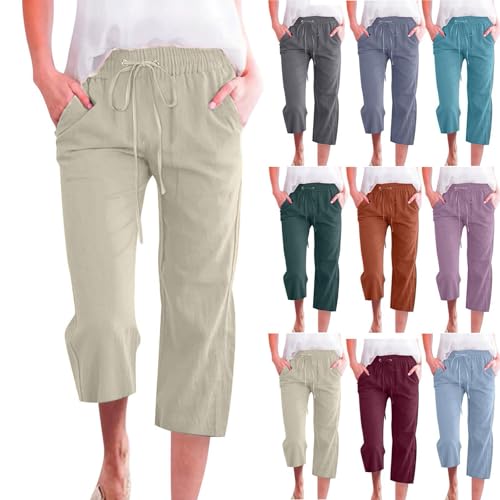 Capri Pants for Women Casual 2025 Summer Drawstring Elastic High Waist Linen Pants Comfy Loose Wide Leg Capris