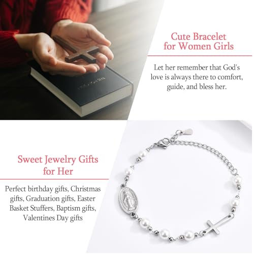 Pearl Cross Charm Bracelet for Girls, Baptism First Holy Communion Confirmation Easter Gifts for Teens Girls Kids, Catholic Religious Christian Jewelry for Goddaughter4