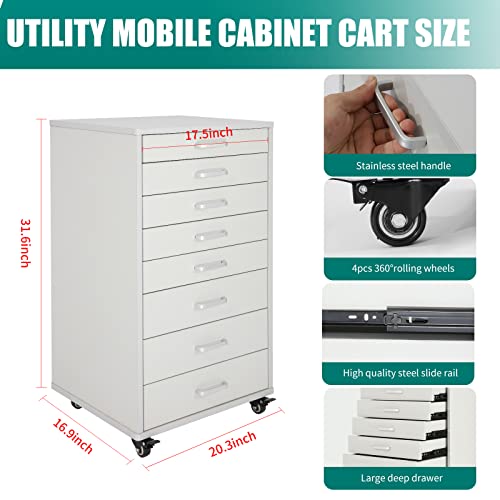 Medical Dental Assistant's Mobile Cabinet Alabama Cart Utility Cart 7 Drawer with Handle, Easy to Pull Out and Push Back. White