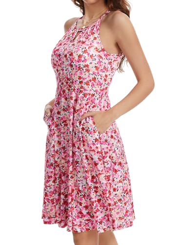Image of JOYSHAPER Built in Bra Summer Dress Casual Beach Sundress Flowy Halter Dress with Pockets