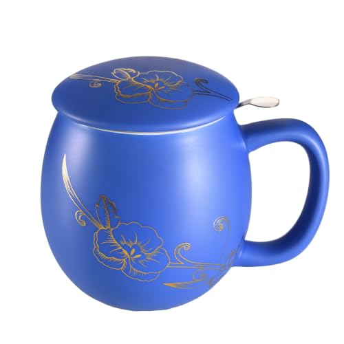 Image of Yundu 12 OZ Ceramic Mug with Lid & Tea Strainer - Matte Blue Tea Cup with Golden Flower, Stainless Steel Infuser for Loose Leaf Tea
