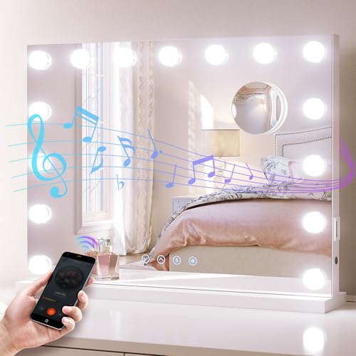 SONNI Hollywood spegel med Bluetooth, sminkspegel med 3 färgtemperaturljus, 15 LED-lampor, stor sminkspegel med beröringskontroll och minnesfunktion av ljusstyrka 58 x 45 cm