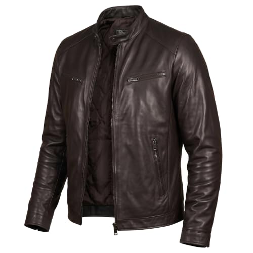 Image of Men Cafe Racer Motorcycle Style Solid Leather Jacket Slim Fit Motorcycle Brown Cafe Racer Leather Jacket