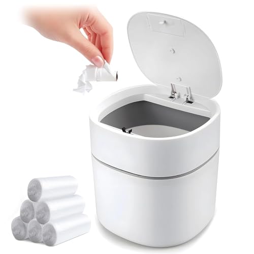 Mini Desk Trash Can with Lid, Press-Top Desk Bin with Trash Bags 180 pcs, 2L Pop Up Countertop Wastebasket, Small Table Garbage Bin for Home, Camping, Office, Bathroom, Kitchen, Desk