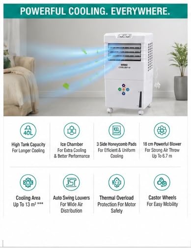 Image of Usha Coolboy 40 Air Cooler | 40L Tank Capacity | 3-Side Honeycomb Pads | Ice Chamber | Powerful 18 cm Blower | Auto Swing | Inverter Compatible | White (40 Liter)