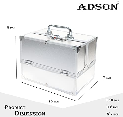 Image of Adson Professional Beauty Make Up Cosmetic Vanity Box /Case 4 Trays with Mirror (Metallic Silver)