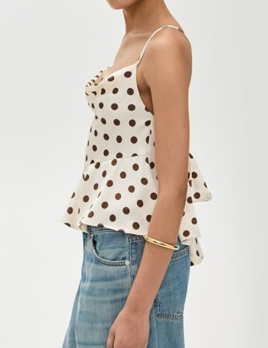 Womens Polka Dot Satin Tank Tops Cowl Neck Tie Back Sleeveless Shirt Asymmetrical Ruffle Hem Camisole Crop Tops3