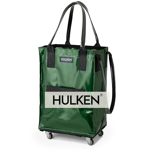 HULKEN (Small, Forest Green) Reusable Grocery Bag On Wheels, Shopping Trolley, Rolling Tote, Zipper Closure, Lightweight, Carries Up to 66 lb, Folds Flat