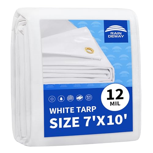 12 Mil Heavy Duty White Tarps 7' X 10', Extra Thick,Durable,Waterproof, UV Resistant, Weatherproof Poly Tarp,with Metal Grommets and Reinforced Edge (Finished Size)-by Raindeway