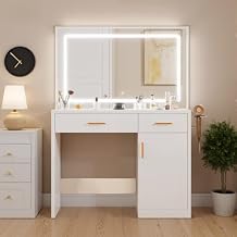 Makeup Vanity Desk with 3 Lights Modes, Vanity Table Built-in Power Outlets 2AC/USB/C, 2 Drawers & Large Cabinet, Hairdryer Holder, Dressing Table for Bedroom, Pure White