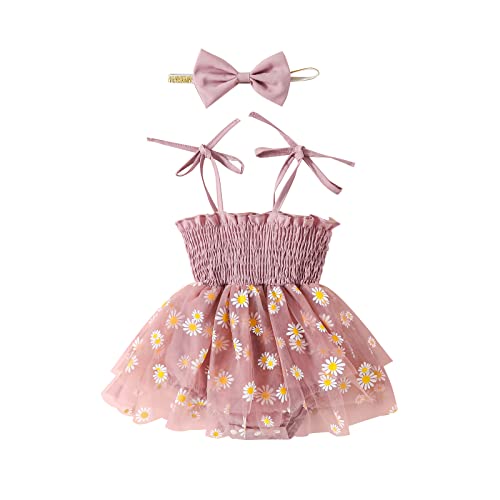 Image of Kodaruber Baby Girl First Birthday Outfit Sleeveless Tie Strap Romper Tulle Tutu Dress with Headband Infant Summer Clothes