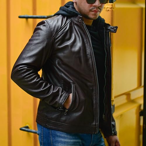 Image of Jild Hooded 2.0 Leather Jacket Men - Genuine Lambskin Leather Bomber Jacket with Removable Hood for Mens Fashion