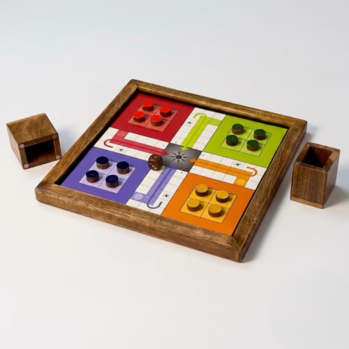 Handcrafted Wooden Ludo and Snakes & Ladders 2-in-1 Magnetic Board Game, Antique Wood, Reversible, with 16 Tokens, Dice and Shaker Handcrafted Wooden 