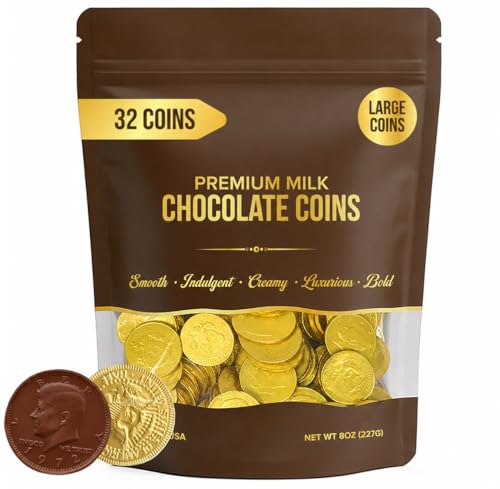 Large Chocolate Gold Coins 32-Pack Milk Chocolate Candy 1.5 Inch Half Dollar Size Gold Foil Individually Wrapped Party Favors For Holidays Candy Buffets Goodie Bags Treasure & Easter Hunts