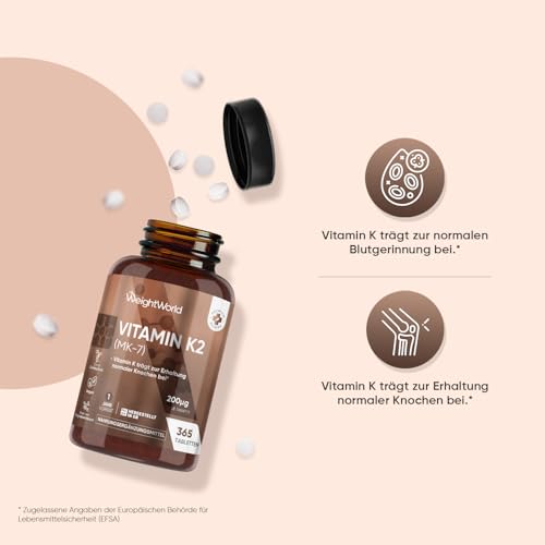 Vitamin K2 MK7 - Als Menachinon - 365 vegane Tabletten - 200µg je Tagedosis - Vitamin K trägt zur Erhaltung normaler Knochen bei (EFSA) - 1 Jahr Vorrat - K2 Vitamin von WeightWorld
