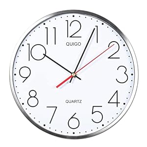 QUIGO® Wall Clock Kitchen Clock Silent Wall Clocks for Living Room Modern White Wall Clock Metal Non Ticking Quartz 28cm Bedroom Decor, Office, Battery Powered