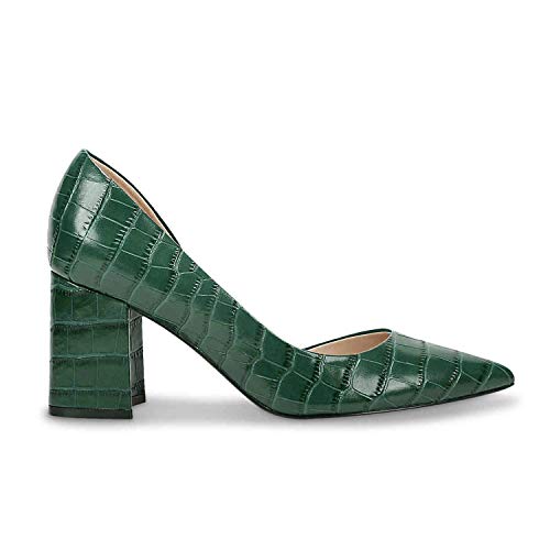 FOWT Spring Crocodile Embossed Leather Half D'Orsay Block High Heel Green Pumps for Women Elegant Pointed Toe 3 Inches Fashion Casual Daily Dressy Shoes, US Size 4-16 M2