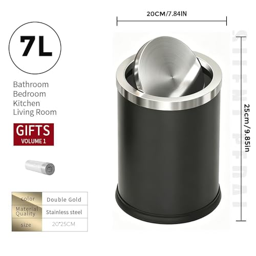 Image of 7L /1.8Gal Stainless Steel Trash can,Bathroom Trash can with lid,Small Trash Can with Flipping Lid, Mini Garbage cans for Kitchen,Living Room. Metallic Gold (7L-Black)