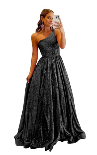 JKMMYO Sequin Black One Shoulder Sequin Prom Dresses 2026 Long Ball Gown Sparkly Evening Gowns for Women Formal US 8