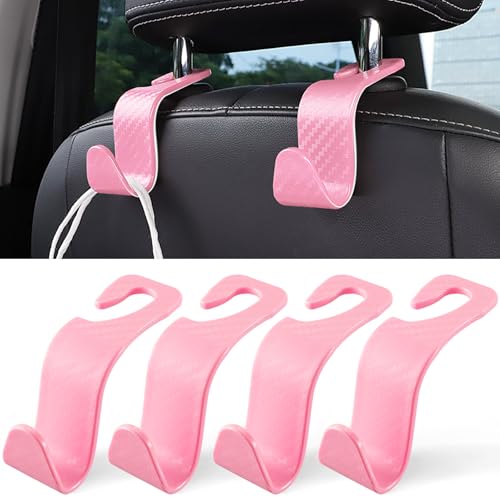 Image of LivTee Car Purse Hook, Headrest Hook for Car, 4 Pack Universal Auto Car Seat Headrest Hook Hangers Organizer for Purse Coat Umbrellas Grocery Bags Handbag, Car Accessories - Carbon Fiber Pink