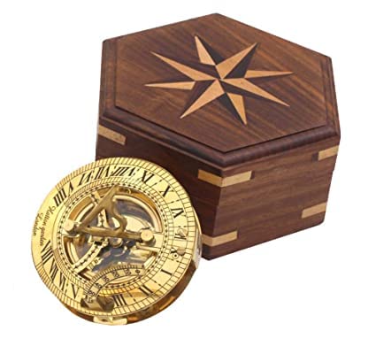 Brújula náutica de latón macizo vintage con caja de madera de rosa para decoración y orientación