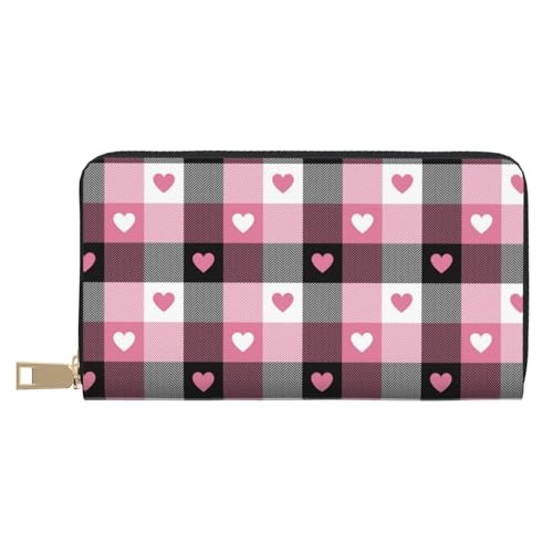 Pink Heart Plaid Print Wallet Women Men, Long PU Leather Wallets for Women, Cute Womens Travel Wallet Purse Pouch with Zipper Pocket